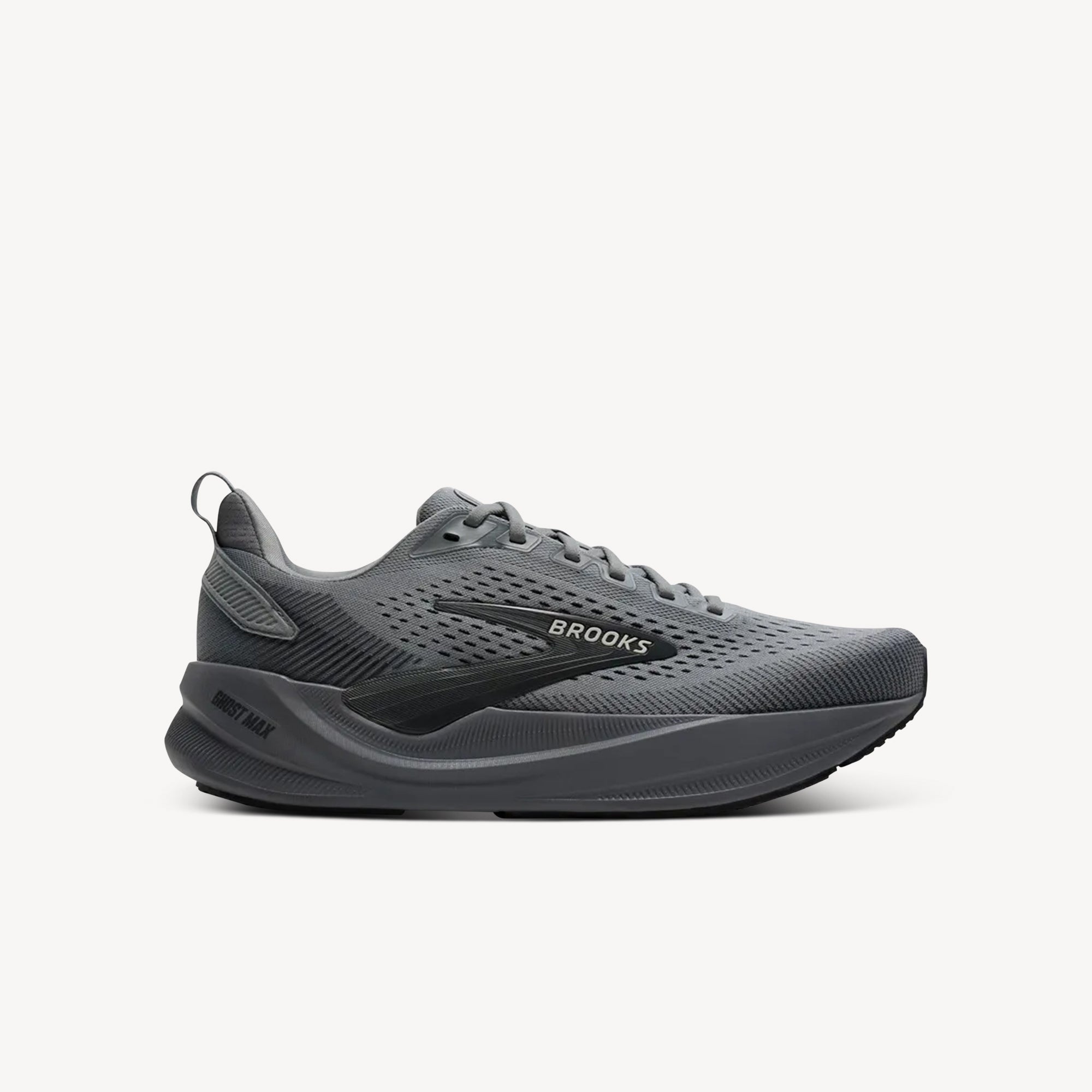 Brooks Ghost Max 4 Grey/Grey/Ebony men's – max cushion daily trainer with GlideRoll Rocker and DNA LOFT v3. Shop now at ProFeet Footwear.