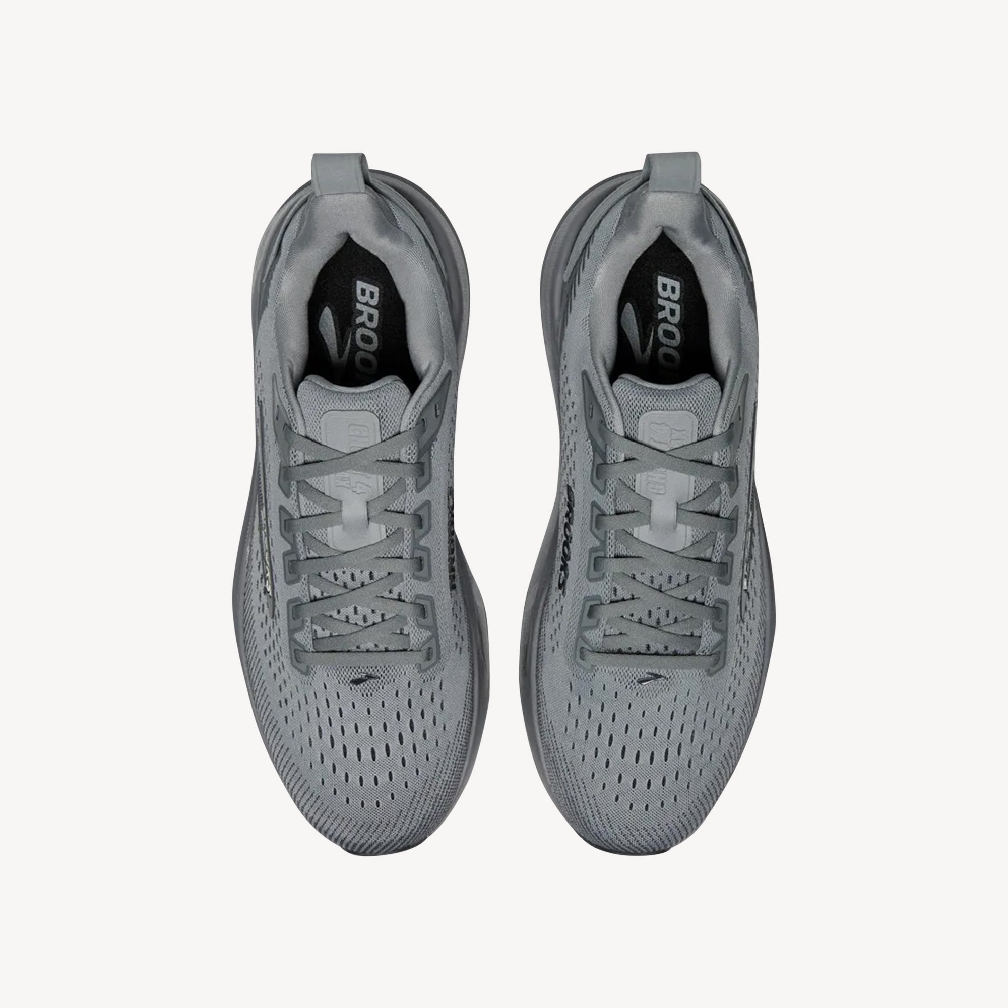 Top view of Brooks Ghost Max 4 Grey/Grey/Ebony men's – max cushion daily trainer with GlideRoll Rocker and DNA LOFT v3. Shop now at ProFeet Footwear.