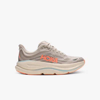 Hoka Bondi 9 River Rock Grey/Mineral Ore women's shoe – maximum cushion for daily running, walking and all-day comfort. Shop now at ProFeet Footwear.