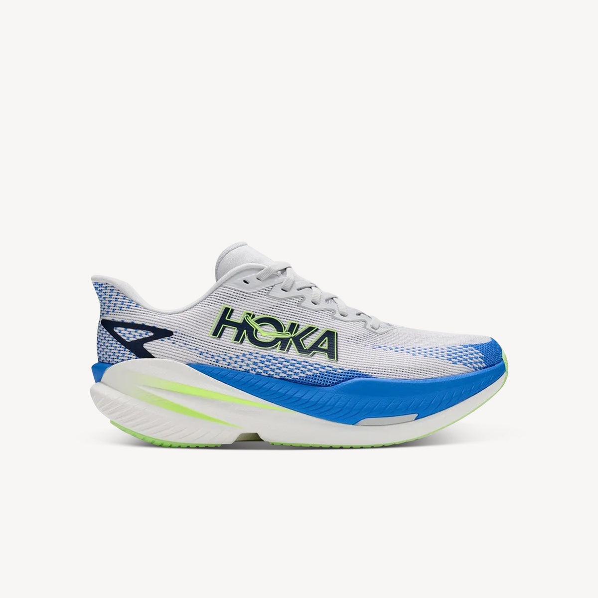 Hoka Mach X 3 Cosmic Grey/Virtual Blue men's – carbon fibre plate super trainer with PEBA foam for road speed. Shop now at ProFeet Footwear.