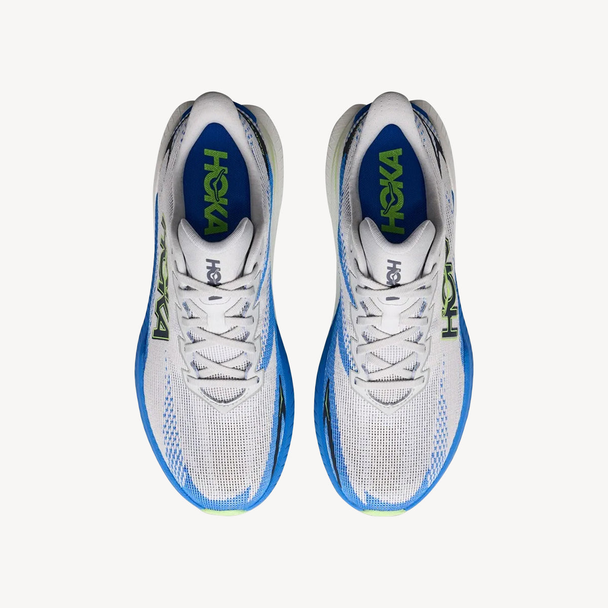 Top view of Hoka Mach X 3 Cosmic Grey/Virtual Blue men's – carbon fibre plate super trainer with PEBA foam for road speed. Shop now at ProFeet Footwear.