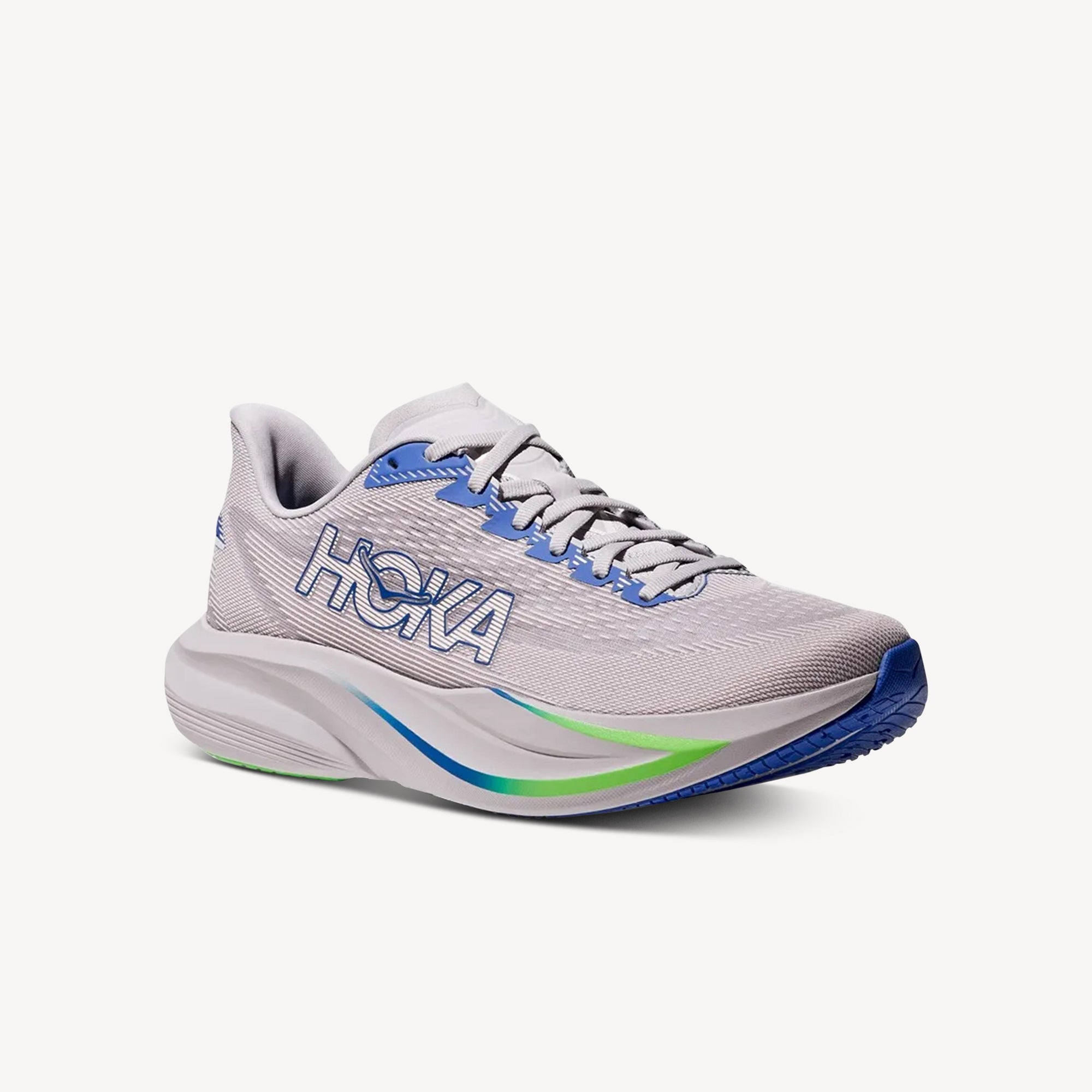 Side view of Hoka Mach 7 Virtual Blue/Soft Cobalt men's – lightweight, responsive speed training shoe for road running. Shop now at ProFeet Footwear.