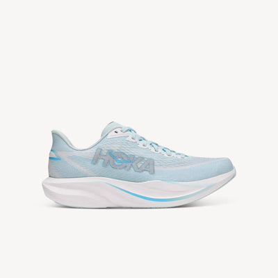Hoka Mach 7 Glimmering Blue/Frost women's – lightweight, responsive speed trainer for road running. Shop now at ProFeet Footwear.