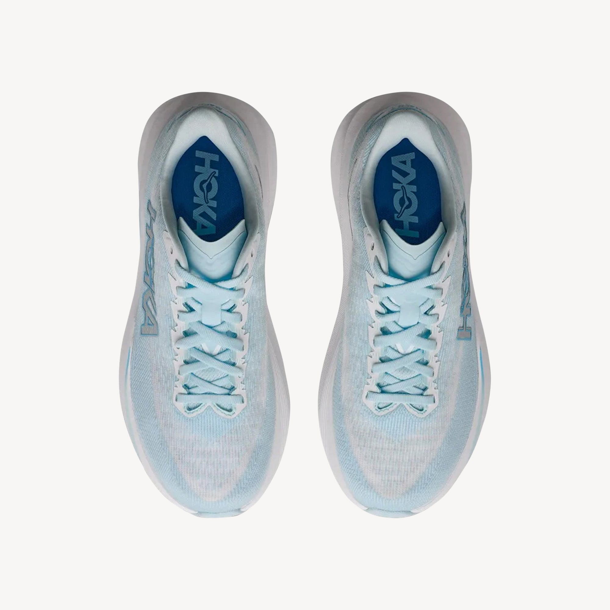 Top view of Hoka Mach 7 Glimmering Blue/Frost women's – lightweight, responsive speed trainer for road running. Shop now at ProFeet Footwear.