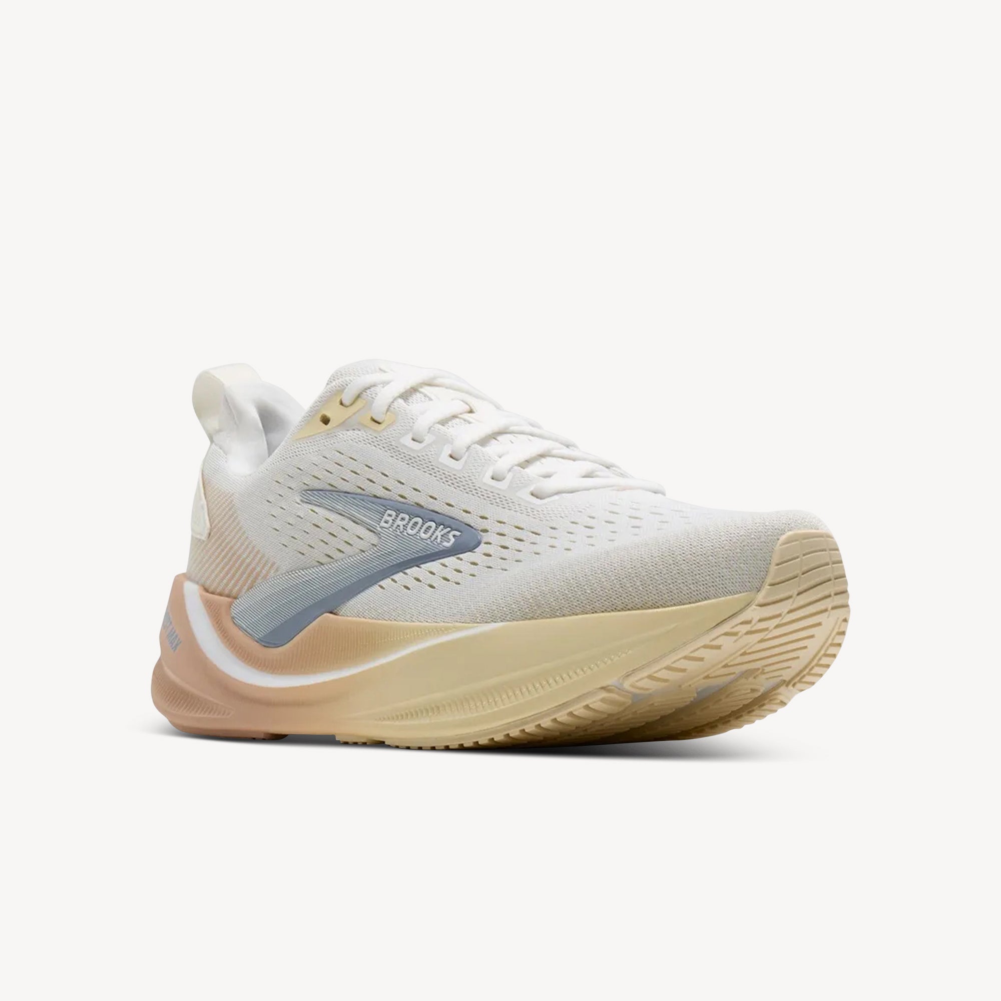 Side view of Brooks Ghost Max 4 White/Rose/Rutabaga women's – max cushion DNA LOFT v3 daily road trainer with GlideRoll Rocker. Shop now at ProFeet Footwear.