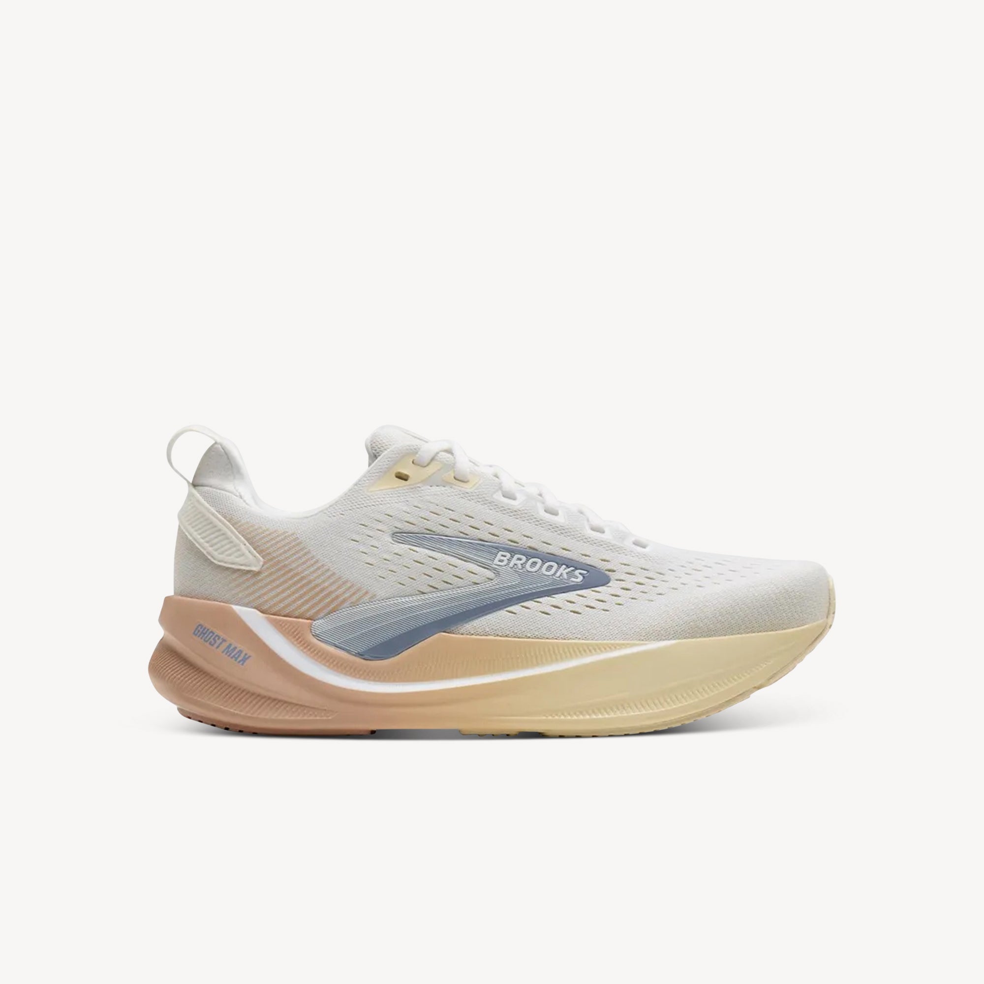 Brooks Ghost Max 4 White/Rose/Rutabaga women's – max cushion DNA LOFT v3 daily road trainer with GlideRoll Rocker. Shop now at ProFeet Footwear.