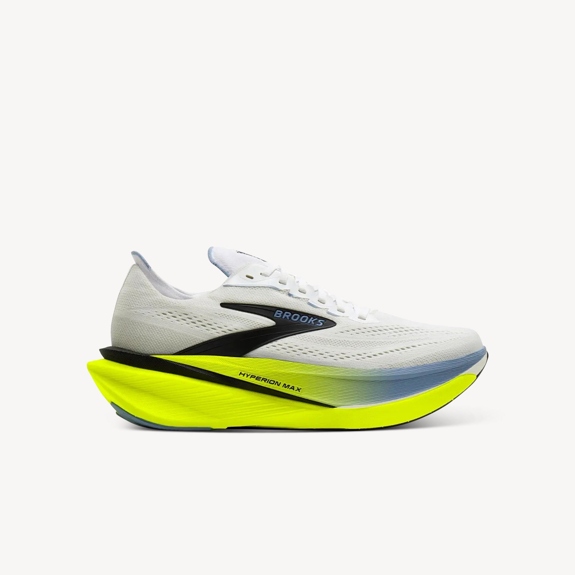 Brooks Hyperion Max 4 White/Blue/Nightlife men's – lightweight speed trainer with nitrogen-infused cushioning. Shop now at ProFeet Footwear.