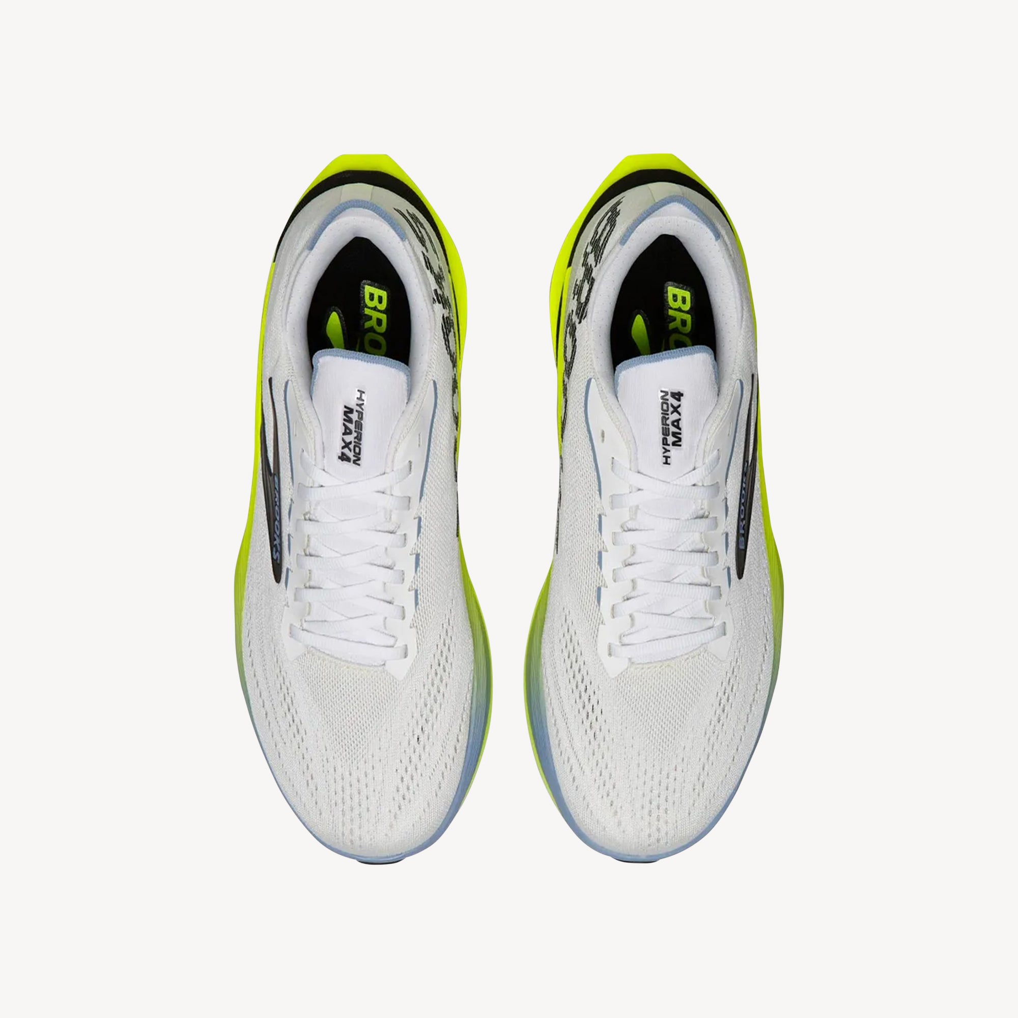 Top view of Brooks Hyperion Max 4 White/Blue/Nightlife men's – lightweight speed trainer with nitrogen-infused cushioning. Shop now at ProFeet Footwear.