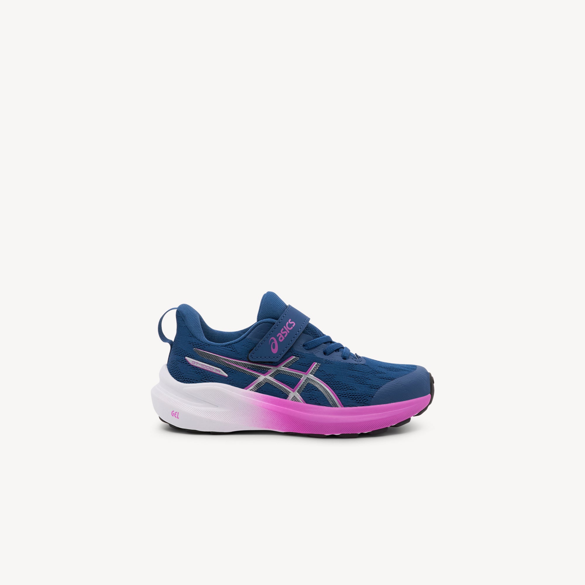 ASICS GT-1000 14 PS features reliable stability support and easy-on closure at Profeet Footwear. Purpose-built shoe for preschoolers. Expert-fitted.