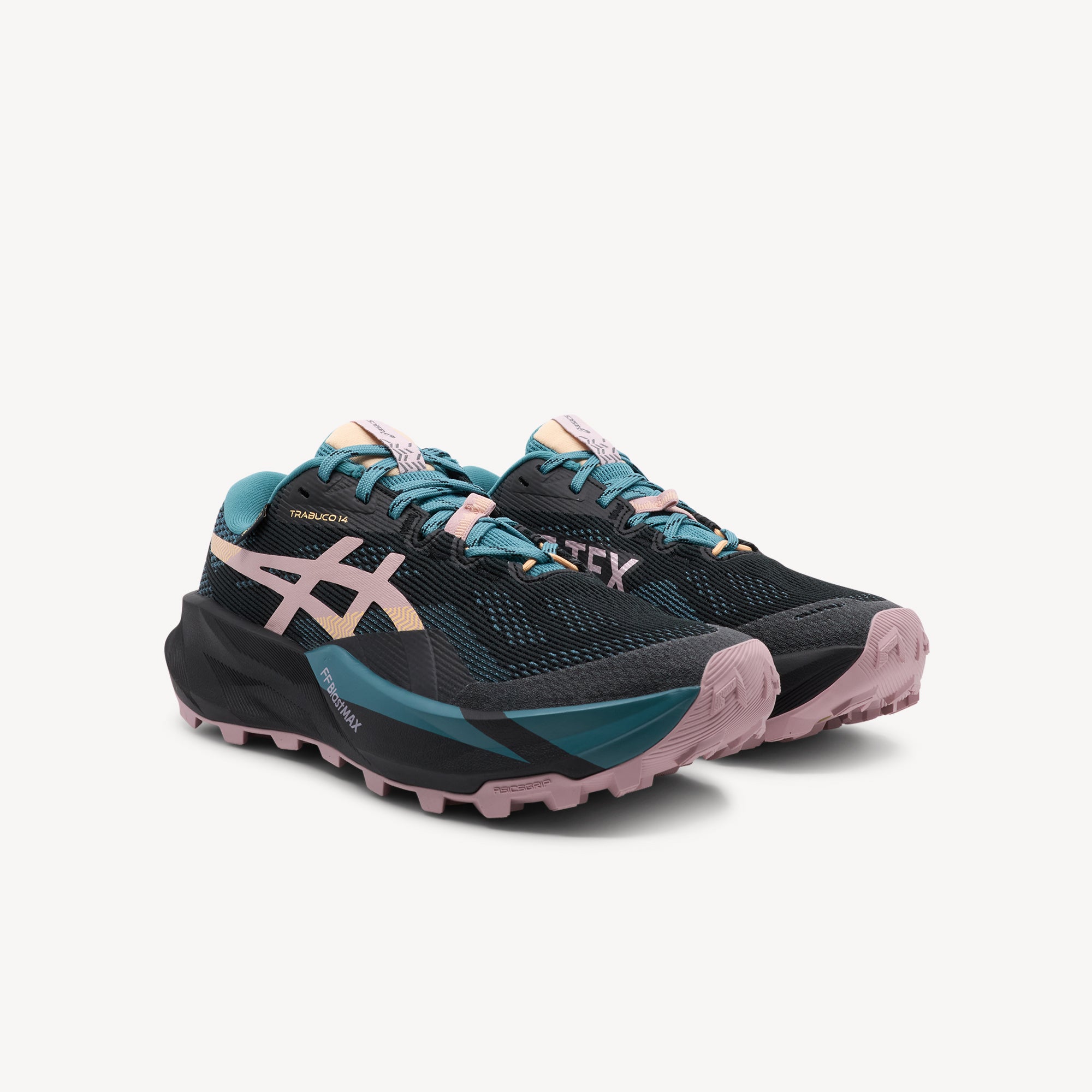 Side view of ASICS GEL-TRABUCO 14 GTX features waterproof protection and aggressive traction at Profeet Footwear. Purpose-built trail running shoe. Expert-fitted.
