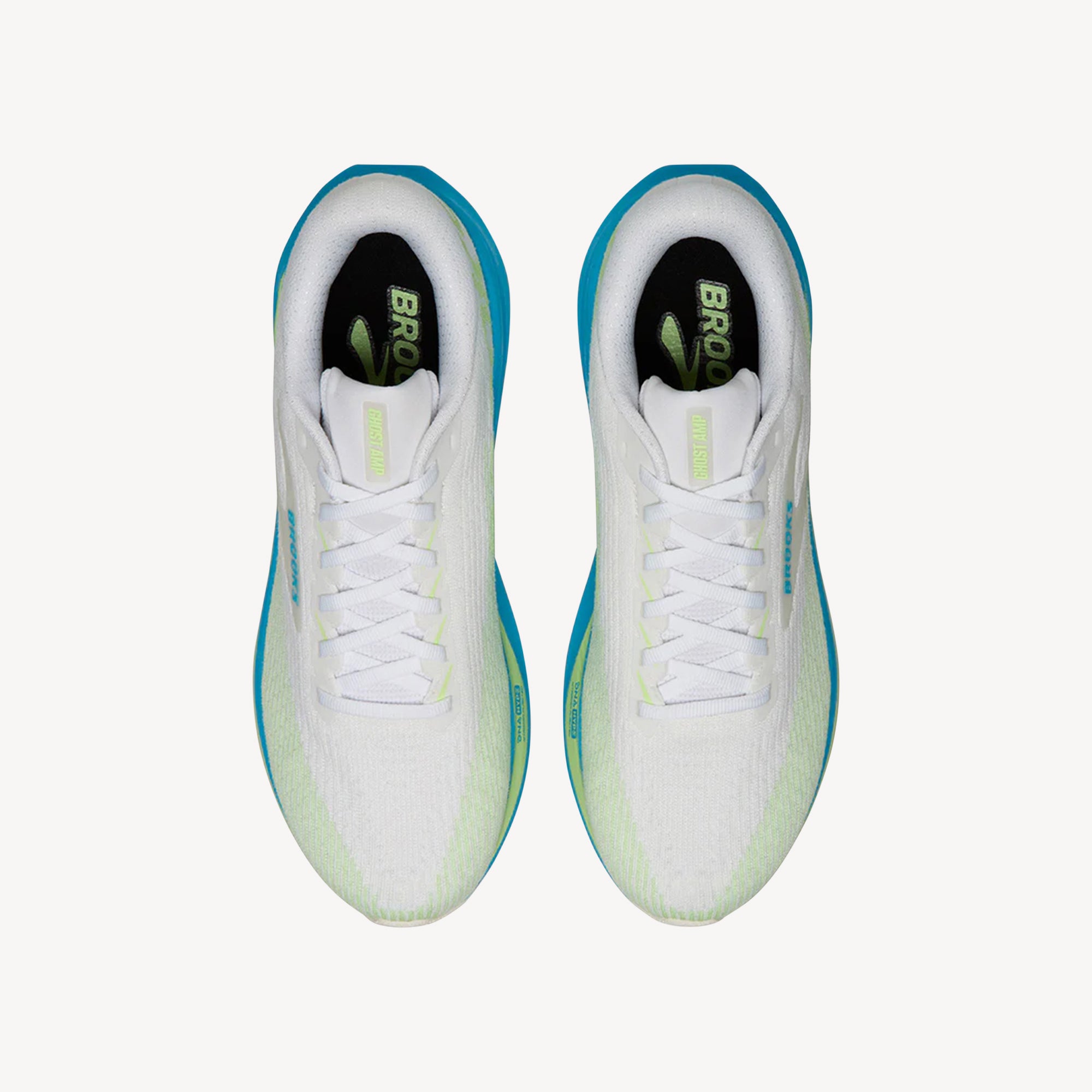 Top view of Brooks Ghost Amp White/Blue/Paradise Green men's – DNA HYPE foam and SpringRamp forefoot technology for responsive road running. Shop now at ProFeet Footwear.