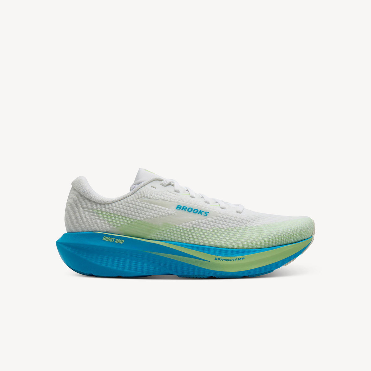 Brooks Ghost Amp White/Blue/Paradise Green men's – DNA HYPE foam and SpringRamp forefoot technology for responsive road running. Shop now at ProFeet Footwear.