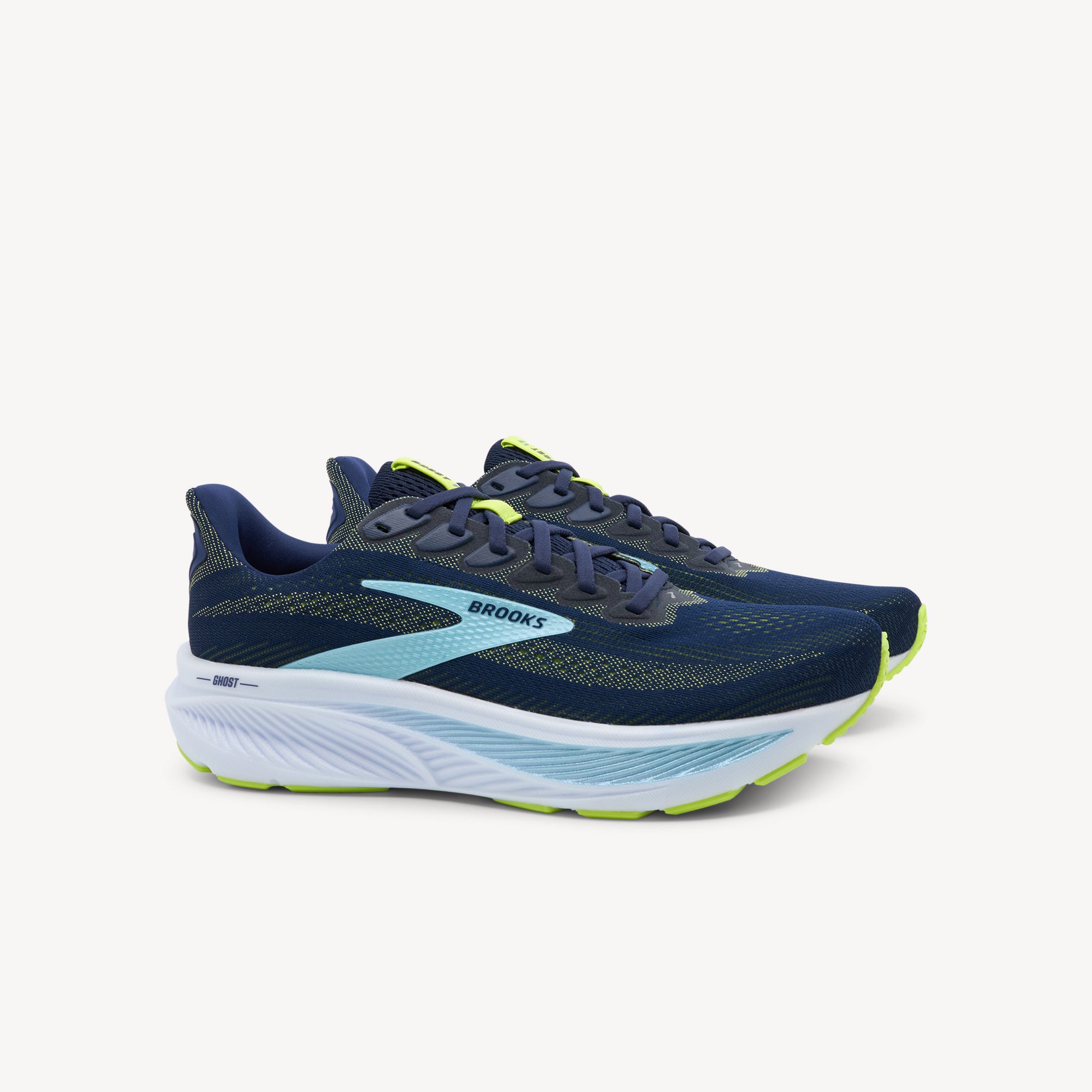 Side view of BROOKS GHOST 17 features balanced cushioning and versatile performance at Profeet Footwear. Purpose-built running shoe for men. Expert-fitted.