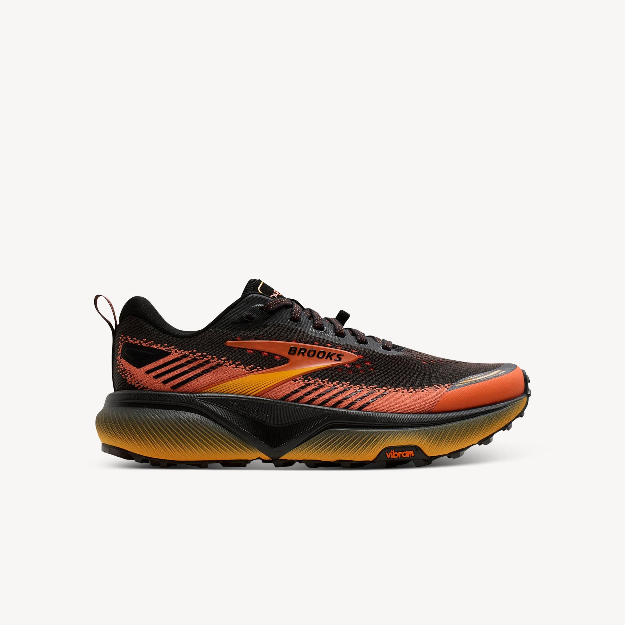 Brooks Cascadia 20 Black/Tigerlily/Orange men's trail shoe – Vibram Megagrip outsole and DNA FLASH v2 cushioning. Shop now at ProFeet Footwear.