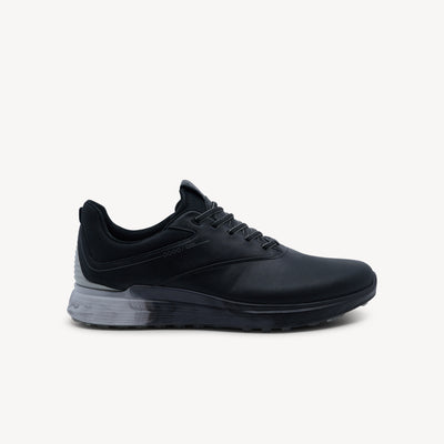 Ecco Golf S-Three Black/Concrete mens shoes. GORE-TEX waterproof, E-DTS traction, Zonal Fluidform comfort. Expert-fitted. Locally-loved. Shop now.