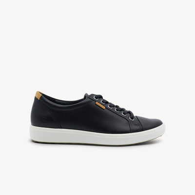 ECCO Soft 7 Black/White Womens features rich leather upper, leather‑covered inlay with Comfort Fibre System™, and flexible sole for all‑day wear. Shop now.