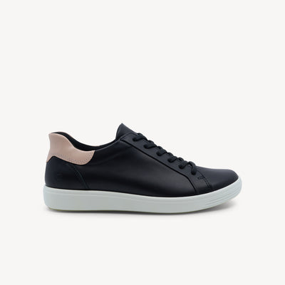 ECCO Soft 7 Easy Slip Lace Black/Rose Dust Womens delivers stylish leather slip‑in comfort and a removable in‑sole for extra width. Available now at Profeet Footwear.