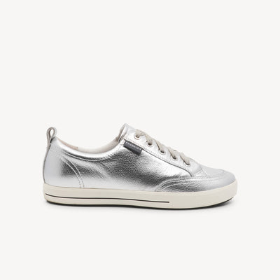 Frankie4 Ellie V features triple-layer support & silver leather at Profeet Footwear. Contemporary sneaker with podiatrist-designed comfort & metallic style.
