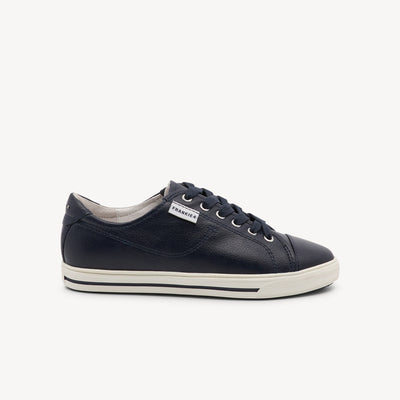 Frankie4 Nat III features triple-layer support & navy leather at Profeet Footwear. Best-selling sneaker with elastic gusset for customisable, laceless wear.