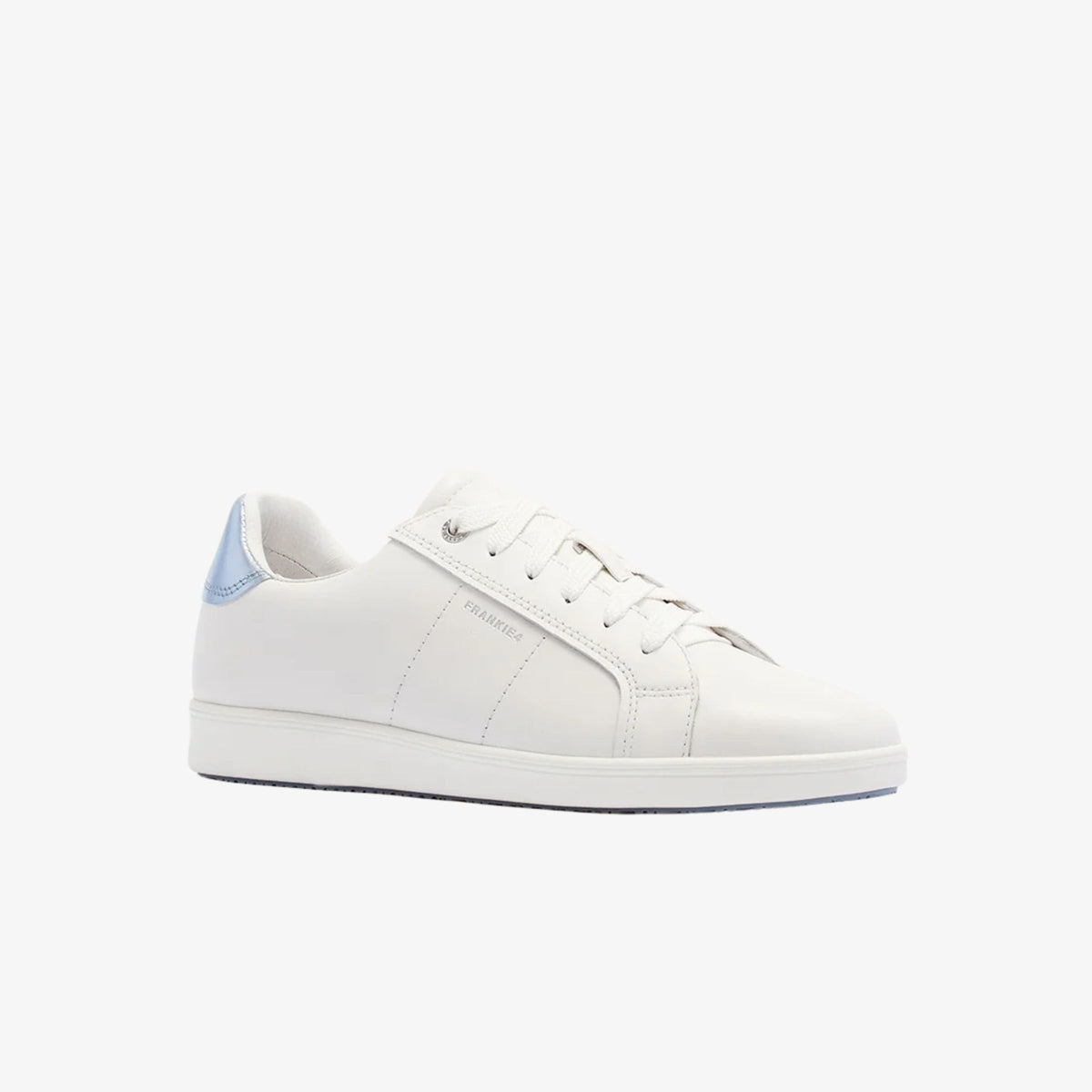 Frankie4 Jackie V Soft White / Light Blue Metallic women’s leather sneaker, 3/4 outer view