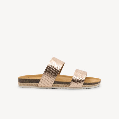 Frankie4 Maria III features podiatrist design & embossed metallic leather at Profeet Footwear. Australian comfort slide with glamorous rose gold styling.
