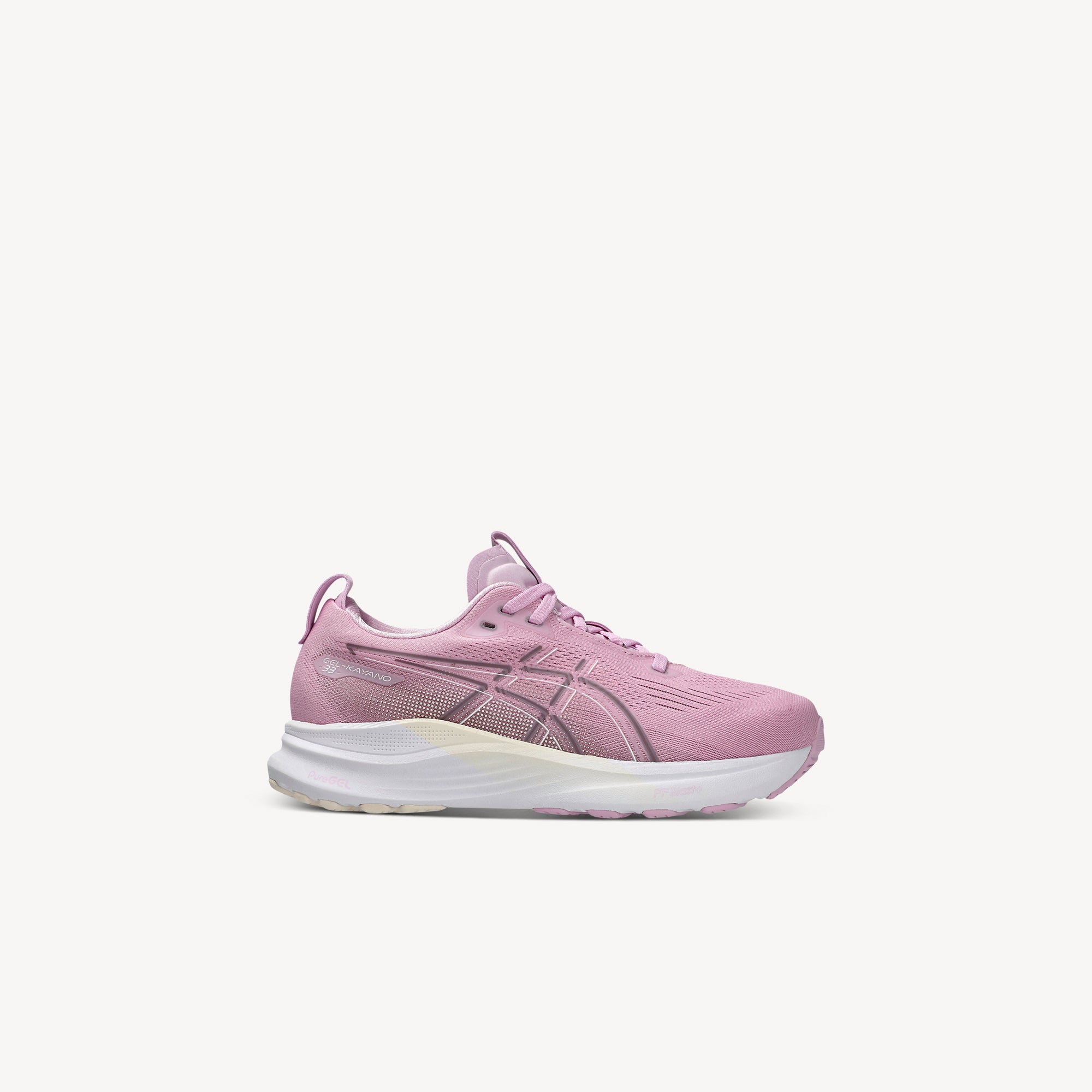 ASICS Gel-Kayano 33 GS Hazy Lilac/Rose Dust kids' – FF BLAST PLUS support trainer with 4D GUIDANCE for young runners. Shop now at ProFeet Footwear.