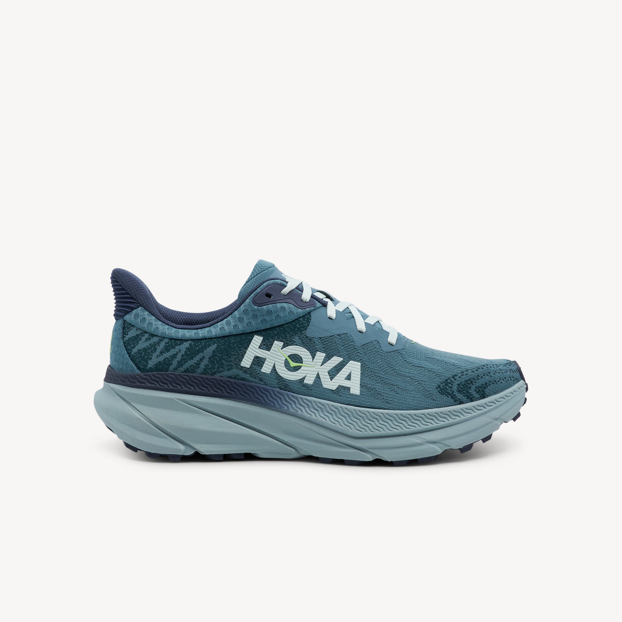 HOKA Challenger ATR 7 men's trail running shoe in mountain fog and druzy colorway showing lightweight design and gravel tire-inspired outsole available at ProFeet Footwear