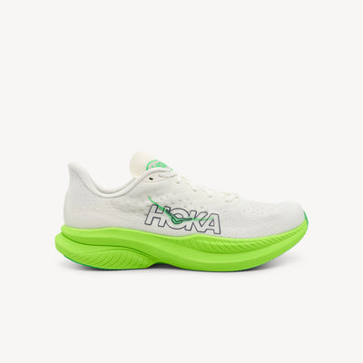 Hoka Mach 6 men's shoes feature supercritical foam midsole & strategic rubber outsole at Profeet Footwear. Lightweight versatility for tempo runs & race day.
