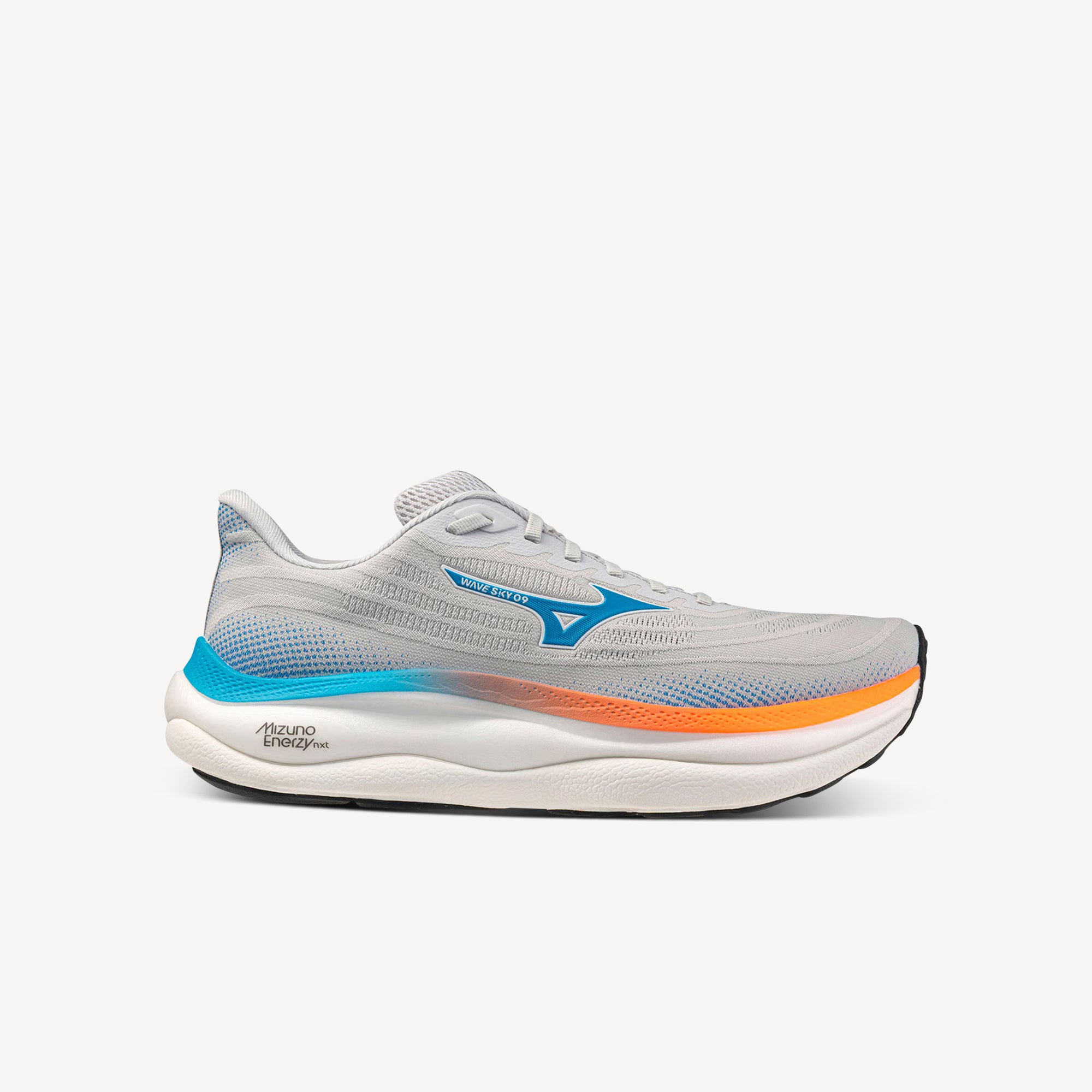 Mizuno Wave Sky 9 Cloudscape/Blue Jewel/Lava Orange men's – premium cushioned road running shoe with Wave plate technology. Shop now at ProFeet Footwear.