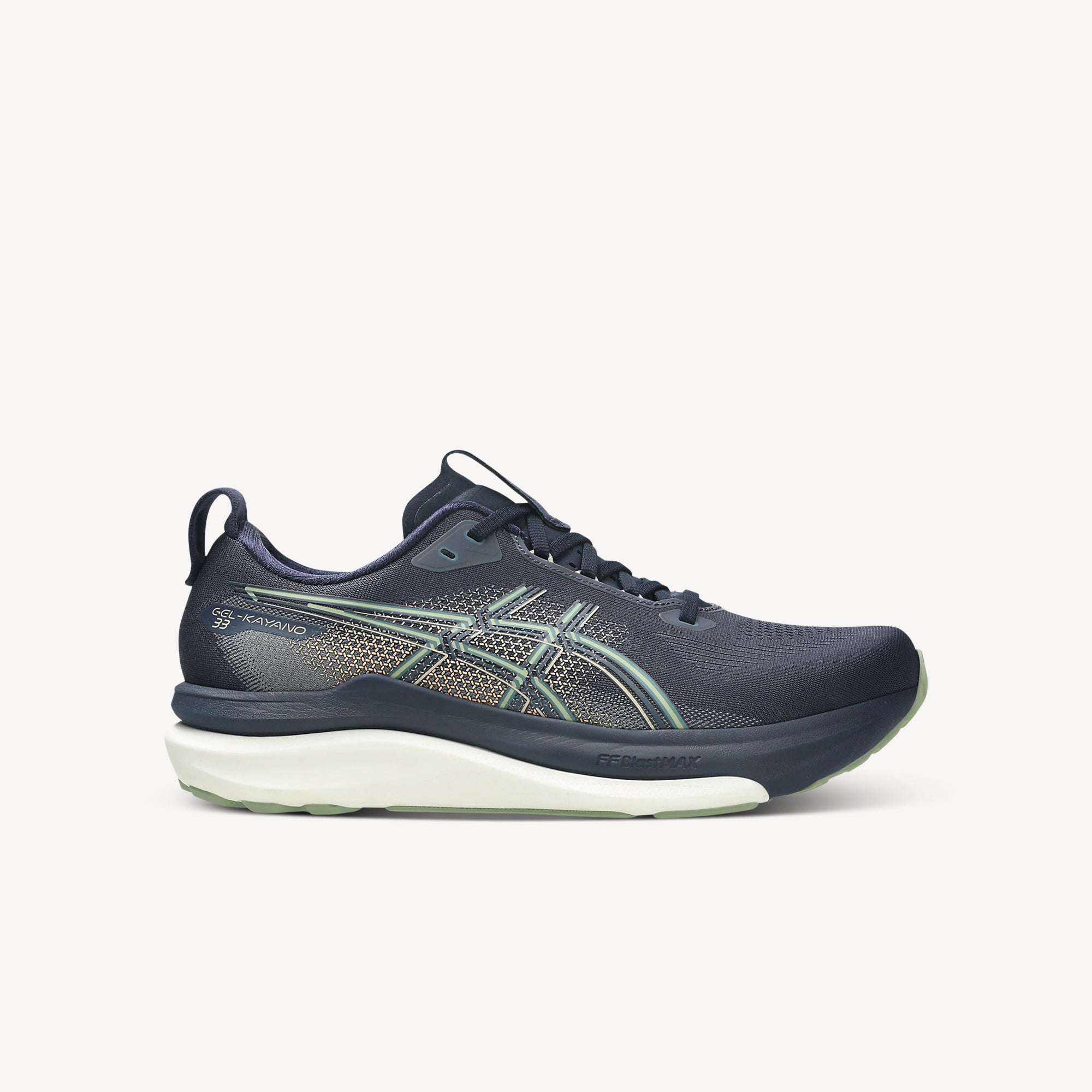 ASICS Gel-Kayano 33 Midnight/Khaki Green men's – FluidSupport stability shoe with dual-layer FF BLAST MAX cushioning. Shop now at ProFeet Footwear.