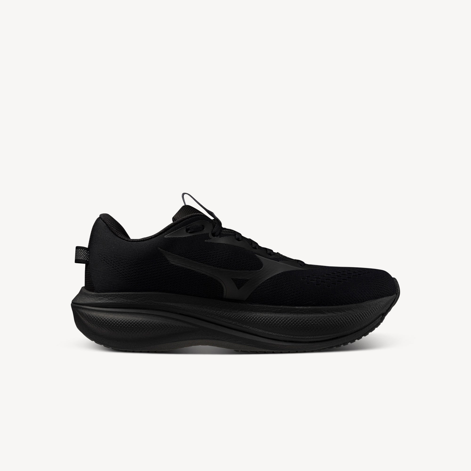 Mizuno Wave Rider 30 Black/Black men's – smooth neutral daily trainer with ENERZY LITE+ cushioning. Shop now at ProFeet Footwear.