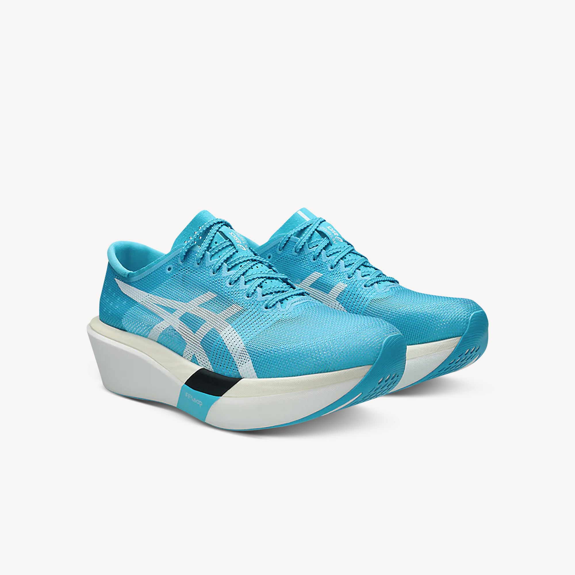 Side view of ASICS Metaspeed Sky Tokyo Aquarium/White unisex – carbon plate race shoe engineered for stride-type runners. Shop now at ProFeet Footwear.