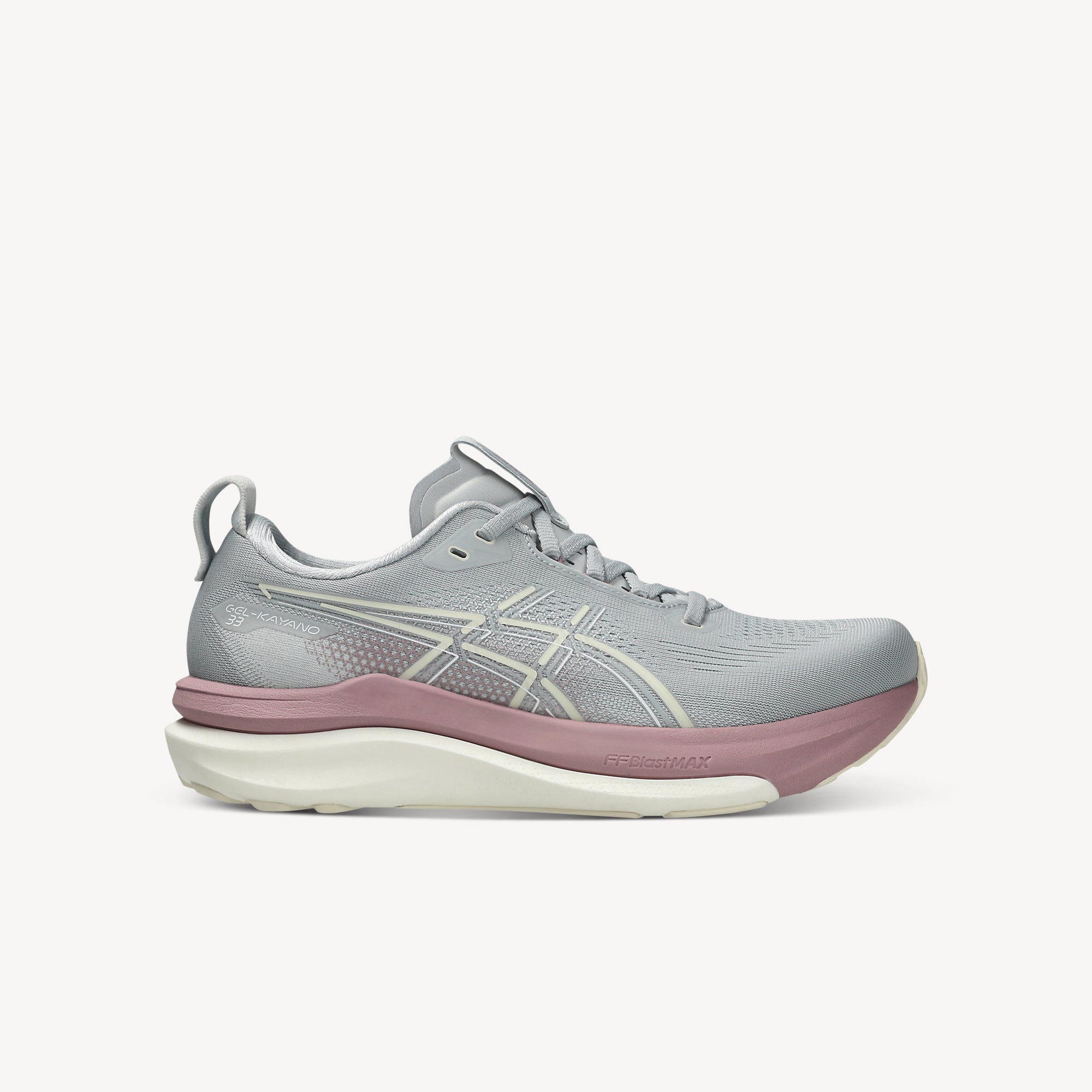 ASICS Gel-Kayano 33 Piedmont Grey/Taro Purple women's – FluidSupport stability trainer with FF BLAST MAX and PureGEL. Shop now at ProFeet Footwear.