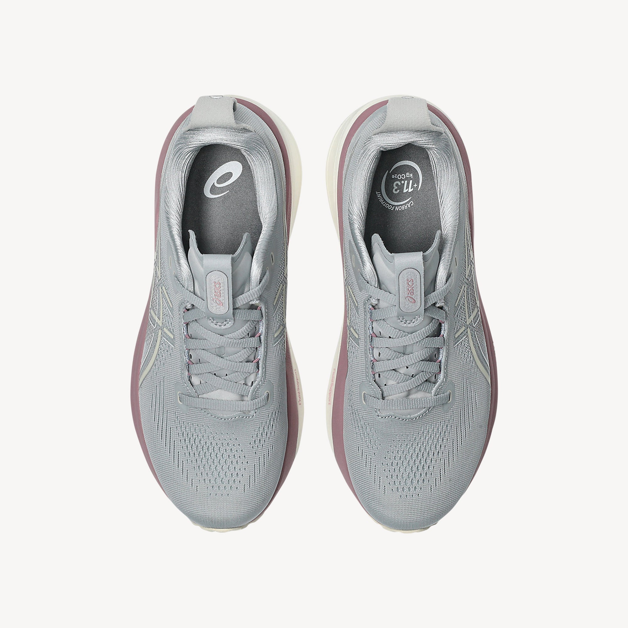 Top view of ASICS Gel-Kayano 33 Piedmont Grey/Taro Purple women's – FluidSupport stability trainer with FF BLAST MAX and PureGEL. Shop now at ProFeet Footwear.
